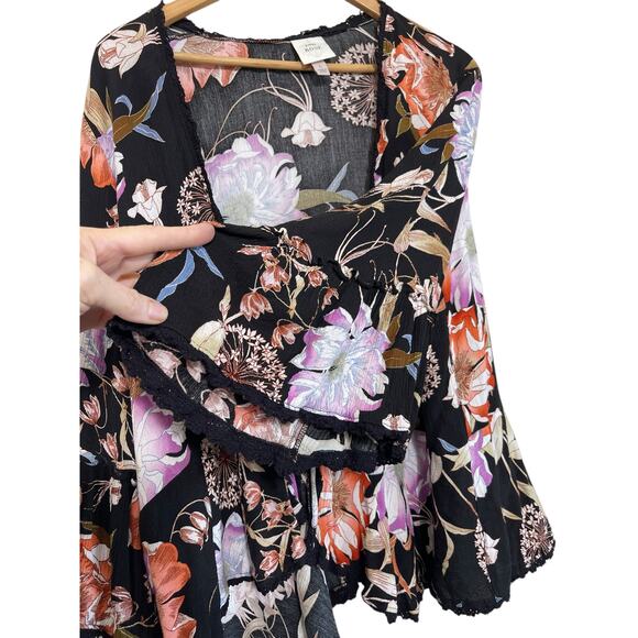 Knox Rose Large Black Floral Bell Sleeve Lace Trim Open Tie Front Cardigan Large - Picture 4 of 7